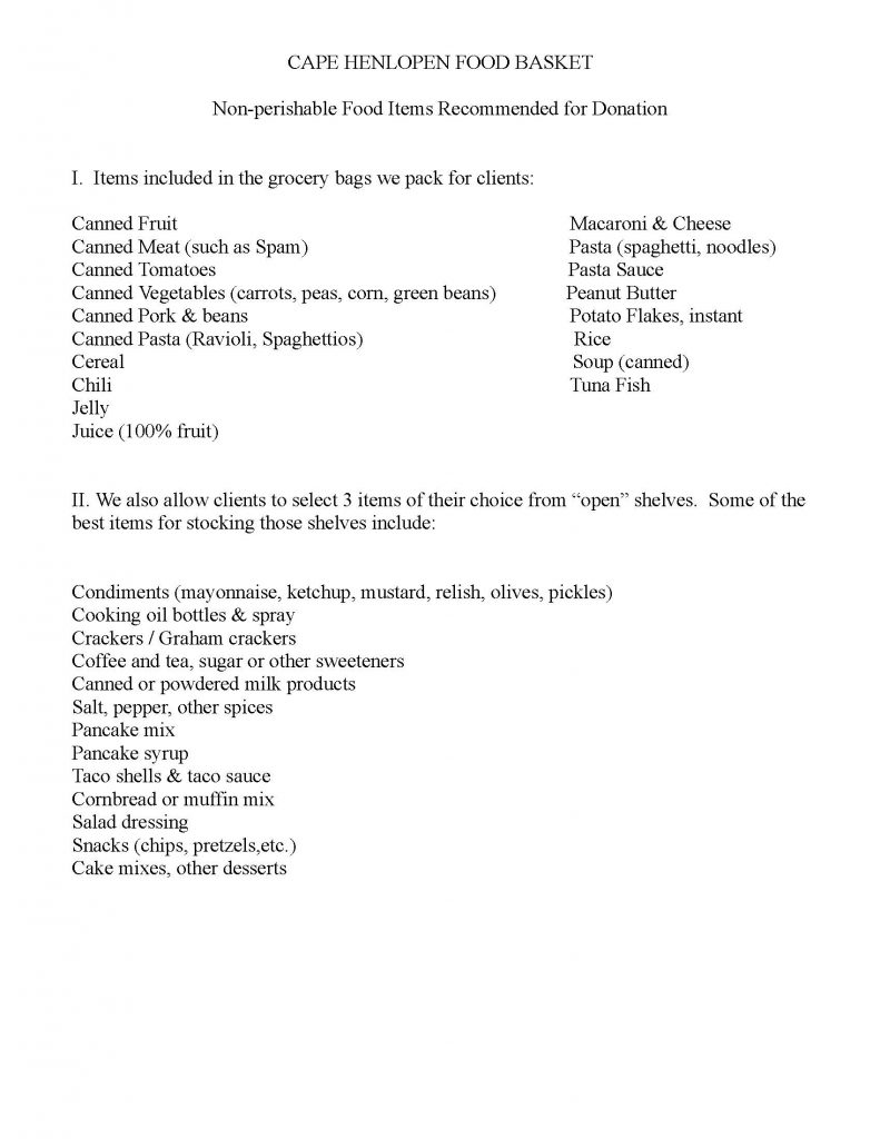 List of Food Donations Accepted